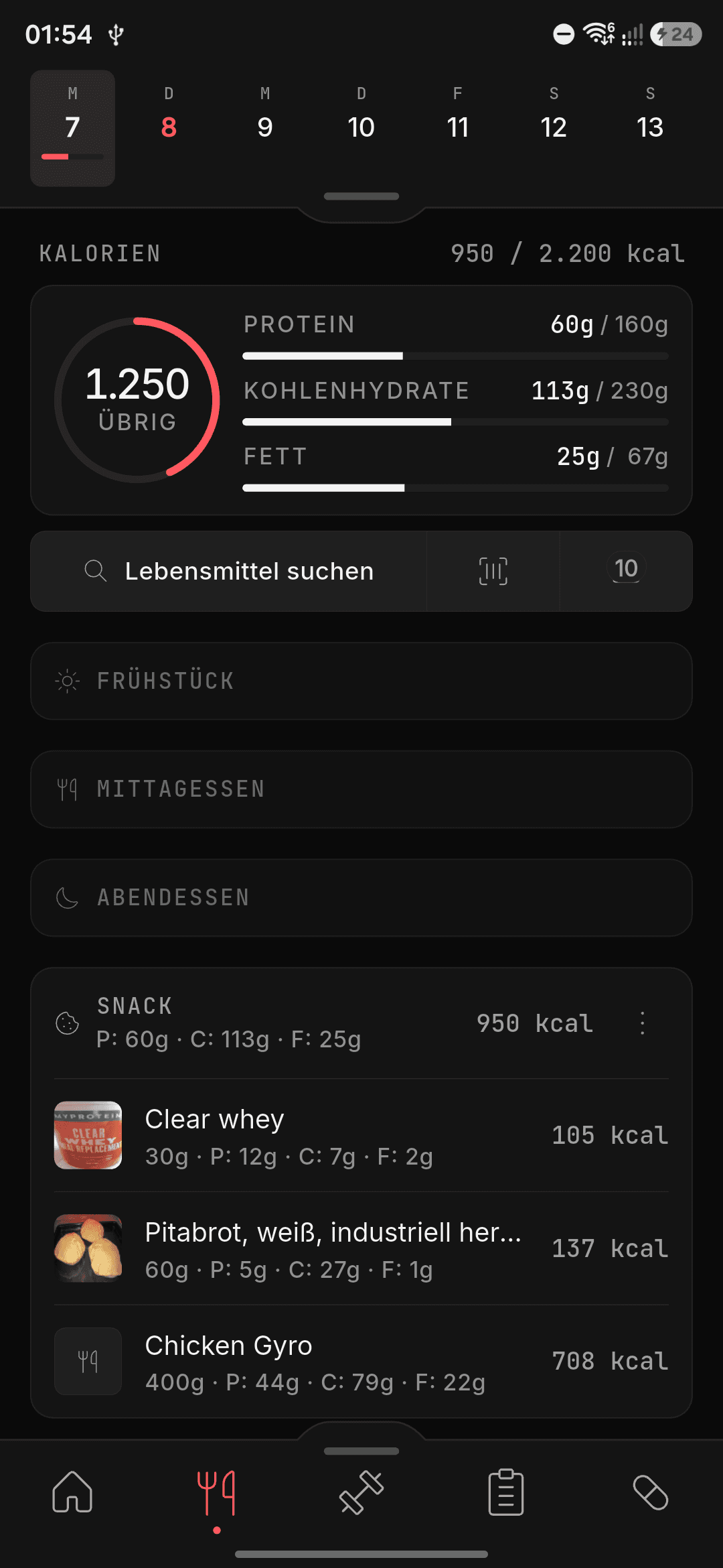 Coachalyst nutrition screen showing meals and nutrients
