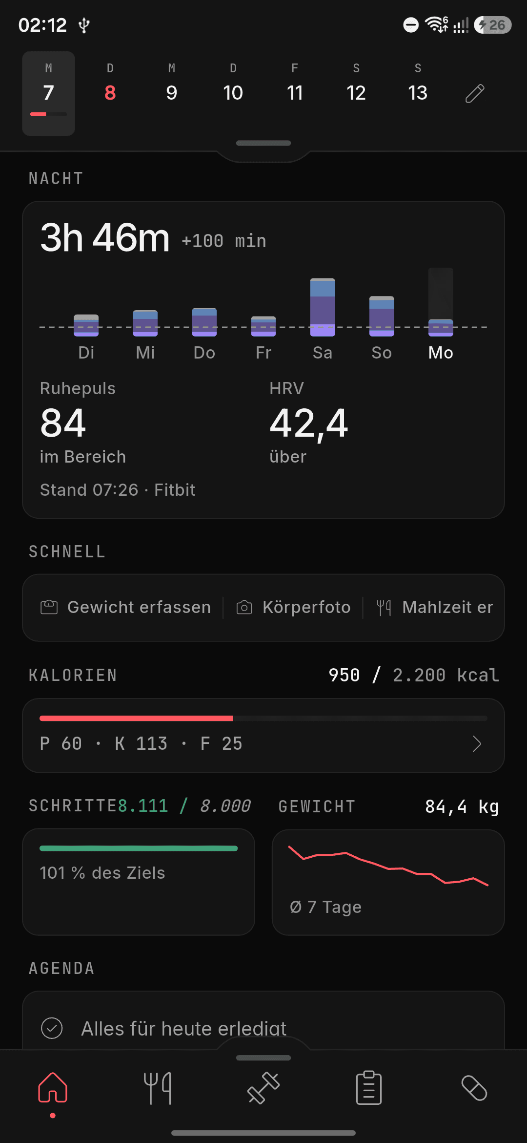 Coachalyst daily overview with nutrition, habits and agenda
