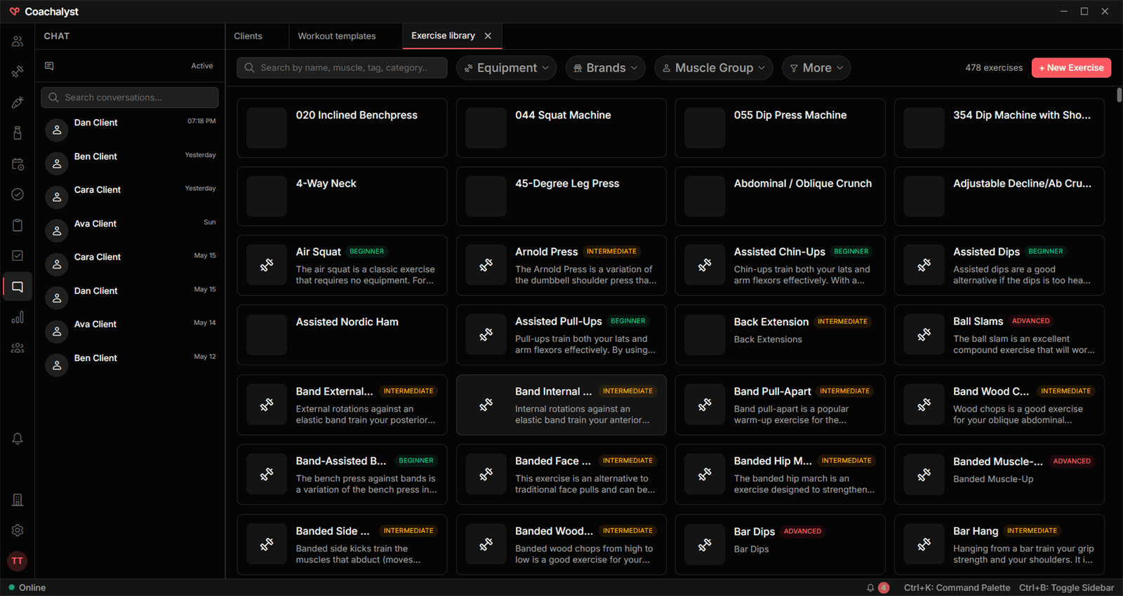 Coachalyst desktop coaching workspace with exercise library